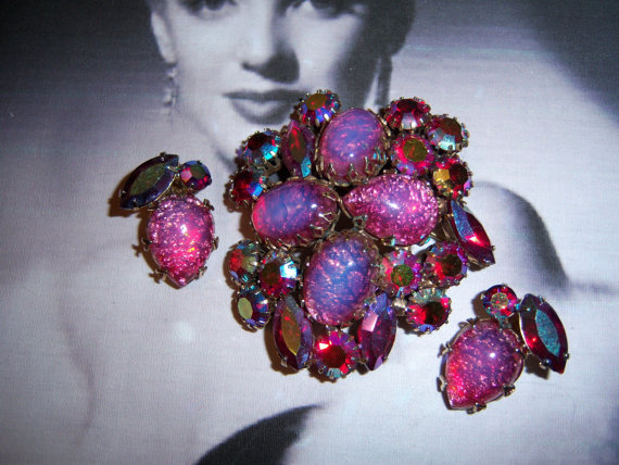 Coro Signed Pink Fire Opal Brooch and Earring Demi Parure *SOLD*