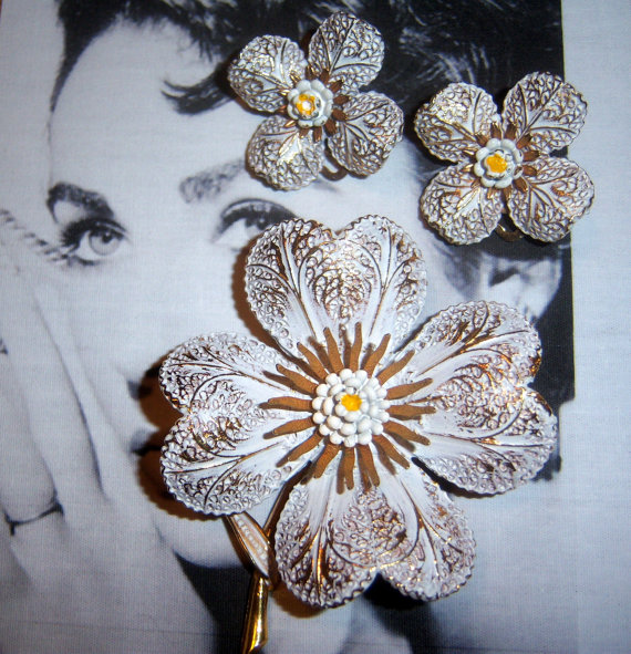 ART Signed White Wash Flower Brooch and Earring Demi *SOLD*