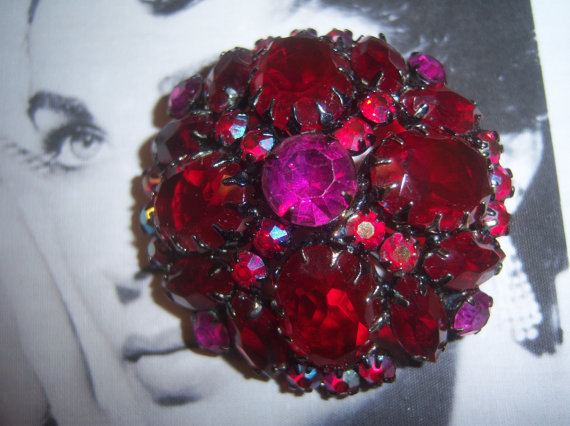DeLizza and Elster a/k/a Juliana Japanned Multi Pronged Siam Red Domed Brooch *SOLD*