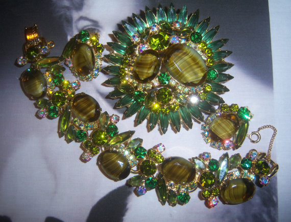 DeLizza and Elster a/k/a Juliana Striped Stone (Givre) Brooch Earring and Bracelet Demi Parure *SOLD*