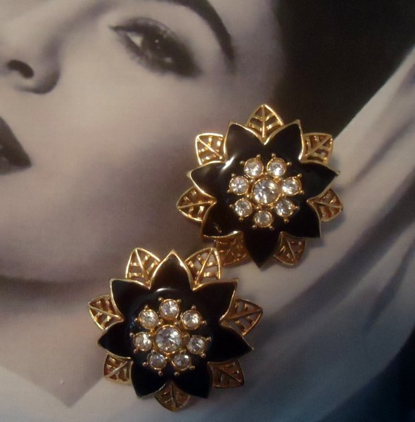 SOLD Black Enamel and Chaton Flower Earrings