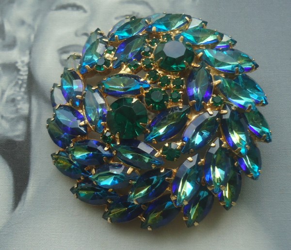 DeLizza and Elster a/k/a Juliana "Peacock Rhinestone" Huge Round Tiered Brooch *SOLD*