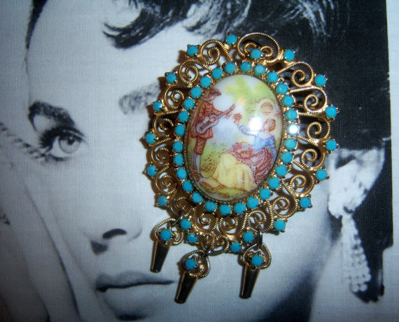 DeLizza and Elster a/k/a Juliana (BOOK PIECE) Limoges Transfer Dangle Brooch *SOLD*