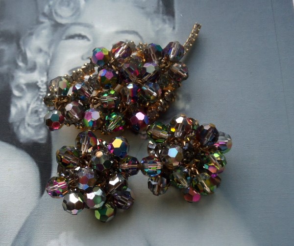 DeLizza & Elster a/k/a Juliana Aurora Borealis Glass Beads and Black Diamond Chaton Brooch and Earrings Demi Parure