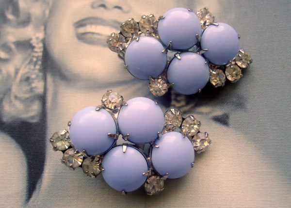SOLD DeLizza and Elster a/k/a Juliana Large Cornflower Blue Milkglass Cabochon Earrings 1950's