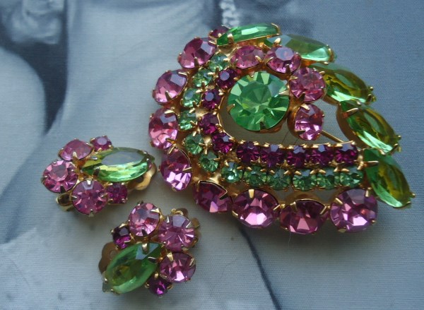 SOLD Unsigned Beauty. Peridot Open Back Navette and Chaton Brooch and Earring Demi Parure