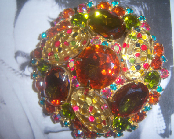 DeLizza and Elster a/k/a Juliana Rare Heliotrope and Confetti Art Glass Brooch (Huge) *SOLD*