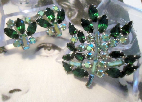 SOLD B. David Signed Emerald Green and Aurora Borealis Leaf Figural Brooch and Earring Demi Parure 1950's