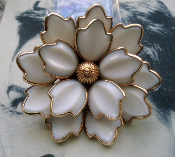 SOLD Trifari Crown signed Alfred Phillipe Dogwood Design Poured Glass Tiered Flower Brooch and Pendant Circa 1951