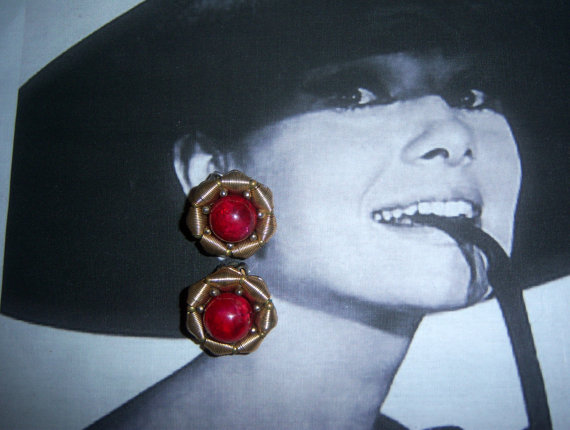 SOLD 1950s Red Art Glass Cabochon Earrings