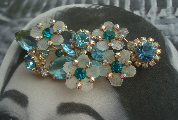 SOLD DeLizza & Elster a/k/a Juliana Tiered Teal Frosted Satin Flower Brooch RARE