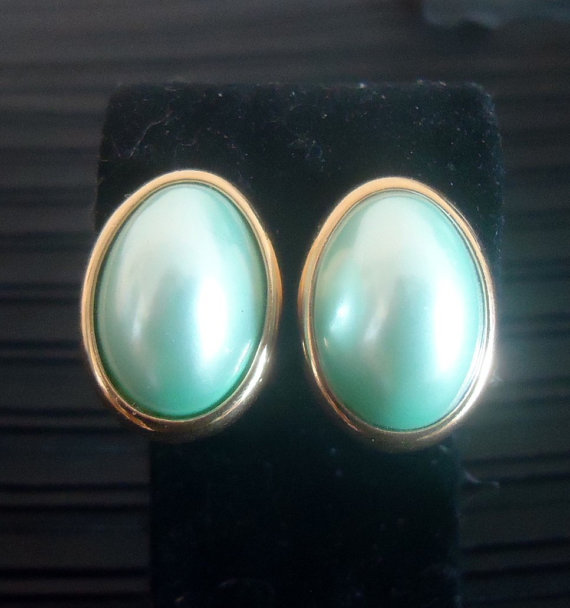 Trifari Signed Seafoam Green Domed Pearl Earrings *SOLD*