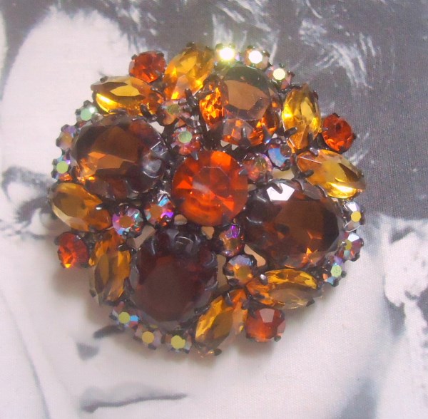 SOLD DeLizza and Elster a/k/a Juliana Japanned Tiffany Prong Topaz Glass Domed Brooch (Book Piece) Warm Autumn Hues
