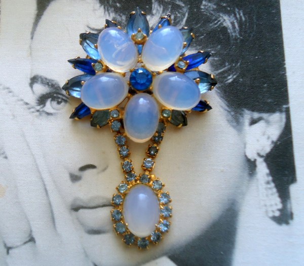 SOLD DeLizza and Elster a/k/a Juliana Domed Opalescent Moonstone Dangle Brooch