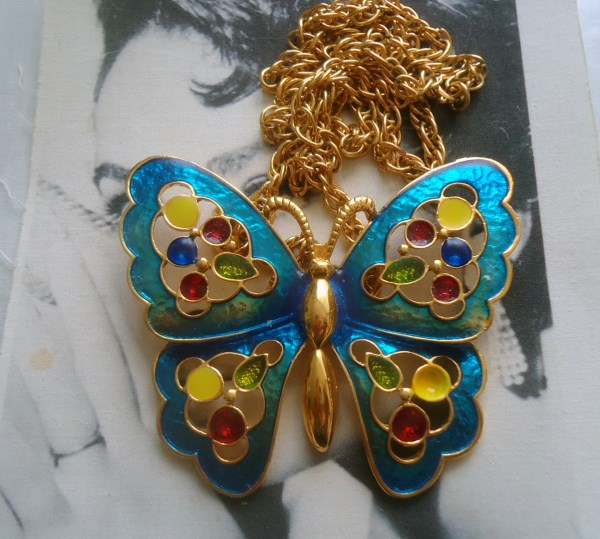 DeLizza and Elster a/k/a Juliana Large Blue Enamel and Epoxy Dot Butterfly Figural Necklace (chain included)