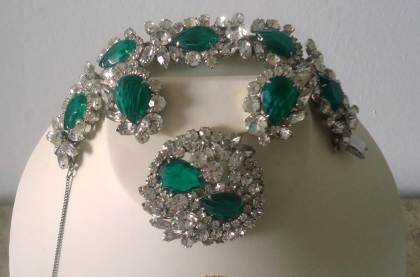 SOLD DeLizza and Elster a/k/a Juliana Flawed Emerald Bracelet, Brooch and Earring Parure 1964 *SOLD*