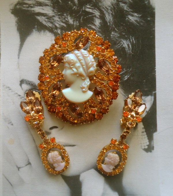 SOLD DeLizza and Elster a/k/a Juliana Tiered Opalescent Faux Ivory Cameo Silhouette and Topaz Brooch and Dangle Earring Demi Parure