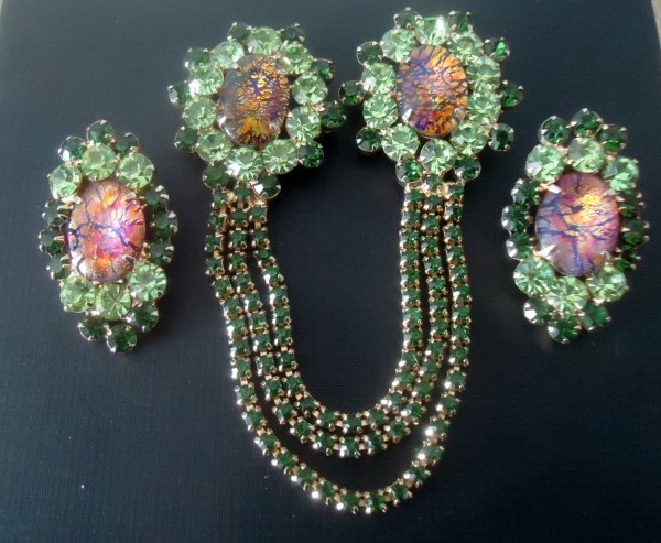 SOLD DeLizza and Elster a/k/a Juliana Cat's-Eye Cabochon Chatelaine and Earrings (Chatelaine is extremely rare)