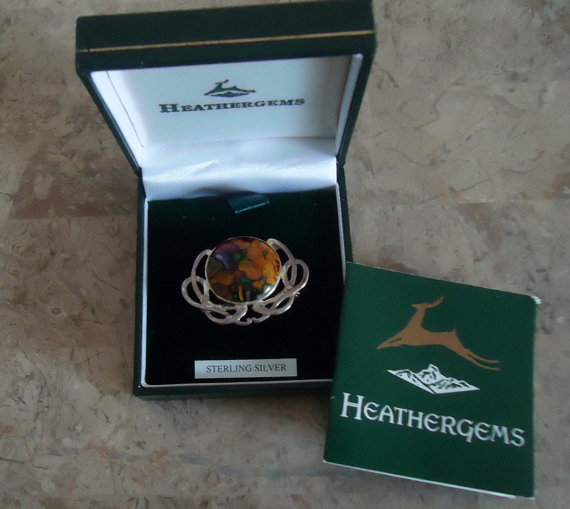 Heathergems Sterling Silver Handmade Celtic Scottish Brooch No two gemstones are alike Highly collectible original box and card *SOLD*