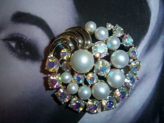 SOLD 1950's Aurora Borealis and Faux Pearl Brooch