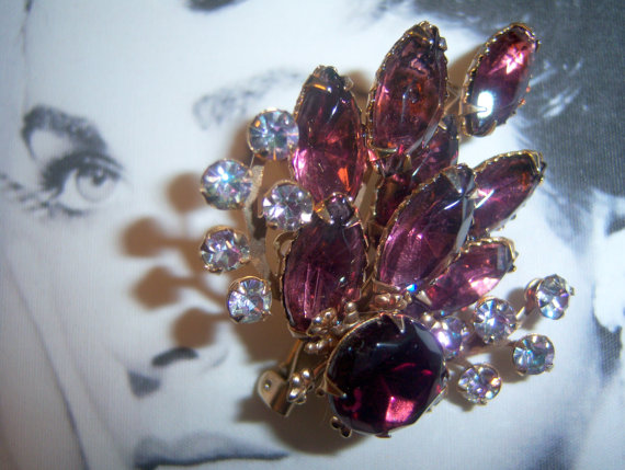 1950's Large Faux Amethyst Navette and Chaton Brooch *SOLD*