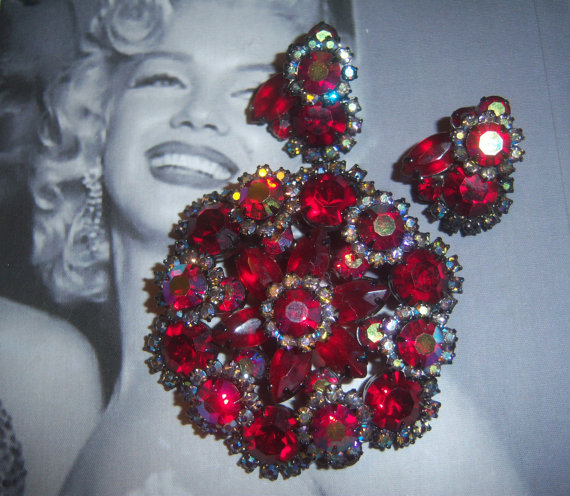 DeLizza and Elster a/k/a Juliana (BOOK PIECES) Ruby Red Japanned Brooch and Earring Demi Parure *SOLD*